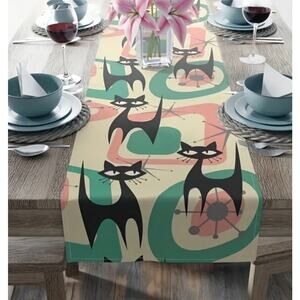 Mid Century Cat Table Runner 13"X72" Atomic Age Pink Aqua MCM Geometric 50s-60s